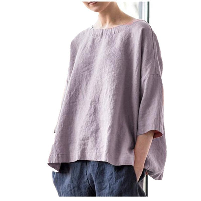 Women's oversized linen blouse with wide boxy cut, boat neckline and 3/4 sleeves Amarae