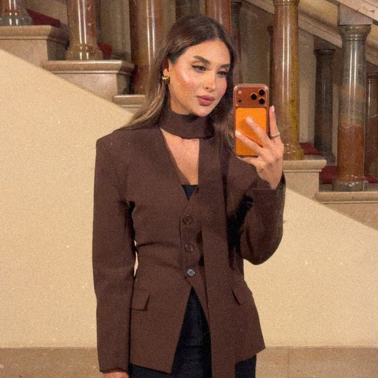 Women's Tailored V-Neck Blazer with Integrated Bow and Flap Pockets Amarae