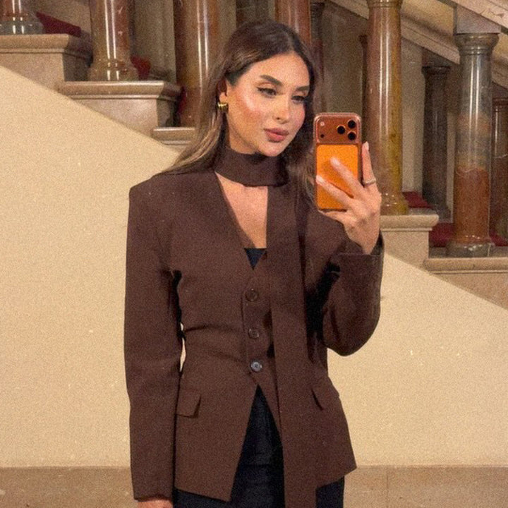 Women's Tailored V-Neck Blazer with Integrated Bow and Flap Pockets Amarae