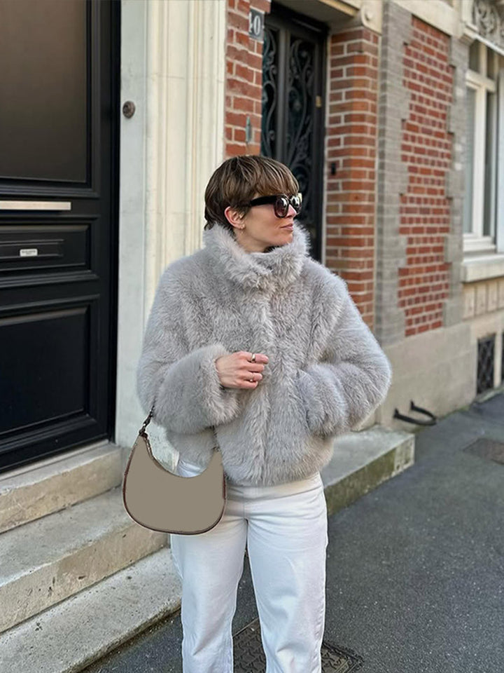 Women Short Boxy Jacket made of high-pile faux fur with high shawl collar Amarae