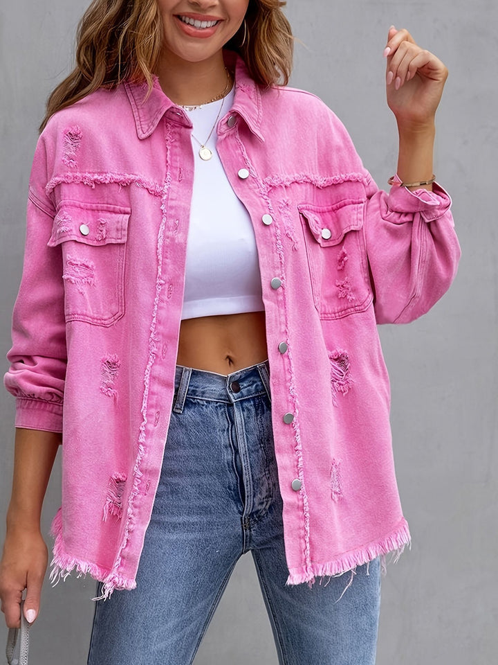 Oversized denim jacket for women with frayed edges and patch pockets Lune London
