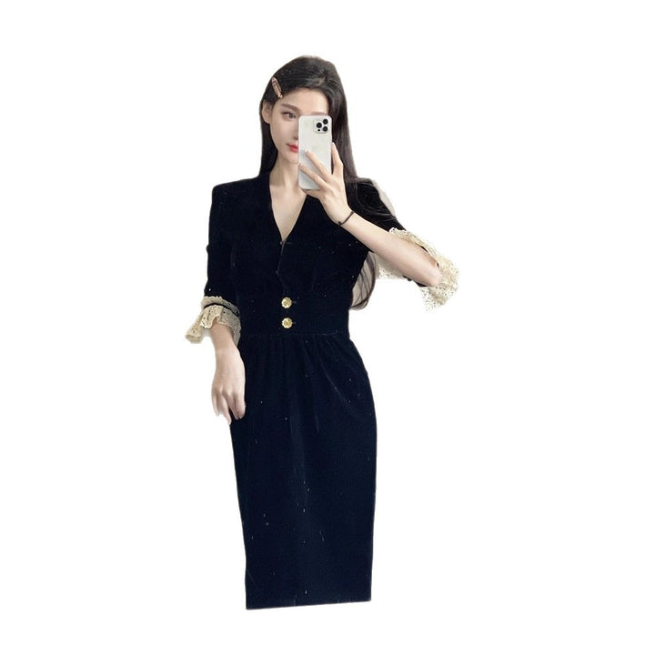 Women's elegant dress with lace sleeves and decorative buttons Lune London