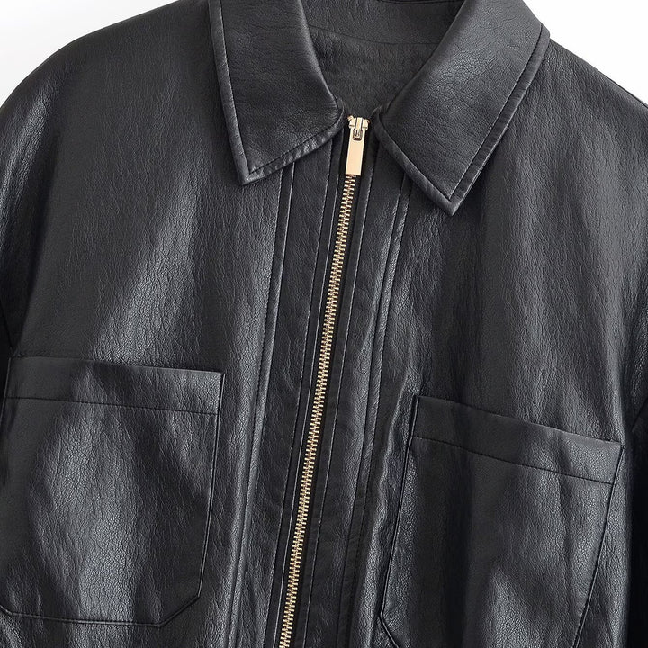 Women's Boxy Faux Leather Blouson with Elastic Waistband, Patch Chest Pockets and Visible Zipper Detail