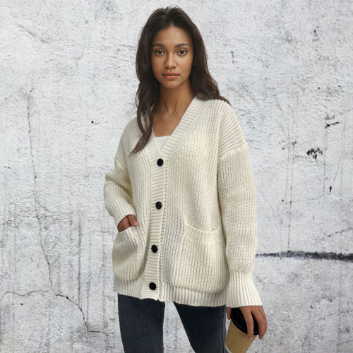 Ladies chunky knit cardigan with pockets and button details Amarae