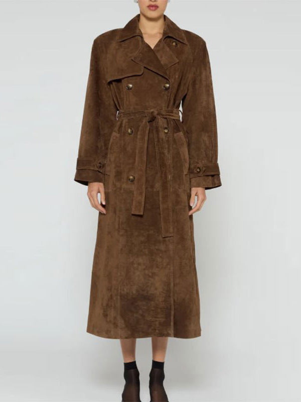 Lune London elegant fitted suede leather trench coat for women with belt