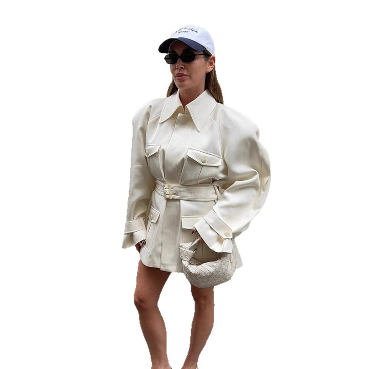 Women’s short blazer coat in safari/utility look with waist belt and patch pockets Amarae