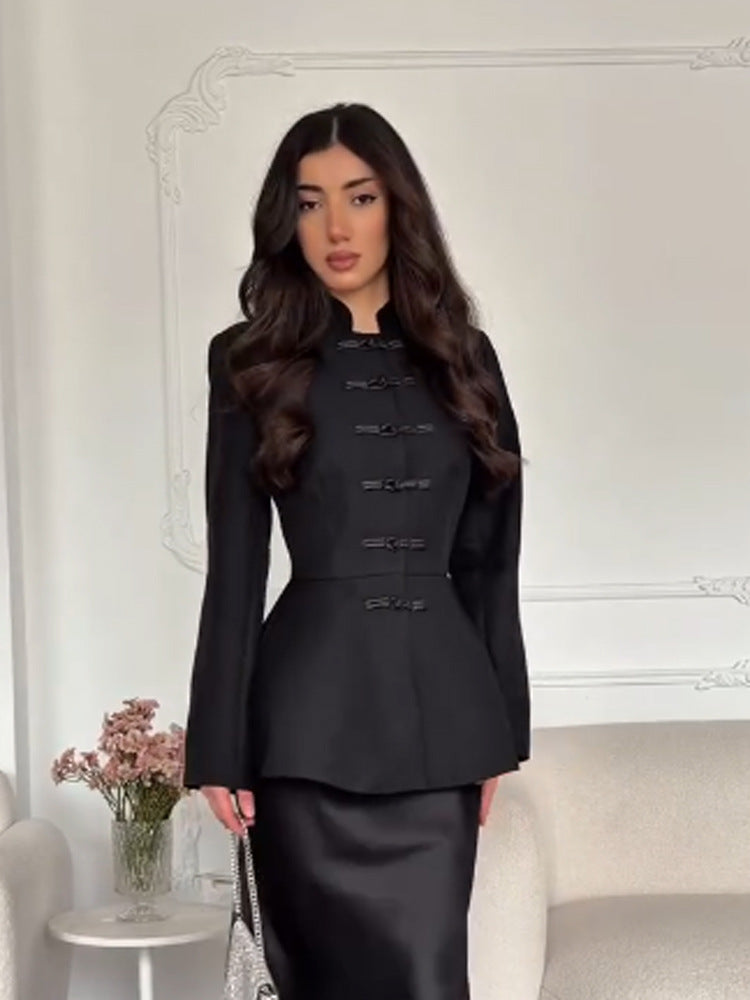 Women's Tailored Peplum Jacket with Stand Collar and Decorative Toggle Fasteners Amarae