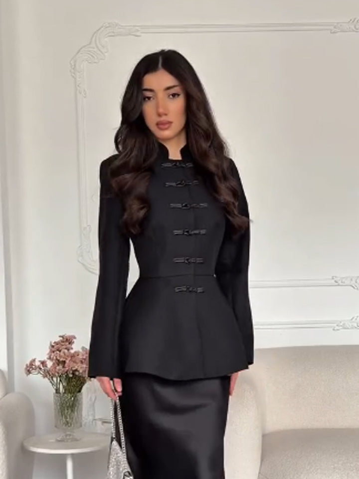 Women's Tailored Peplum Jacket with Stand Collar and Decorative Toggle Fasteners Amarae