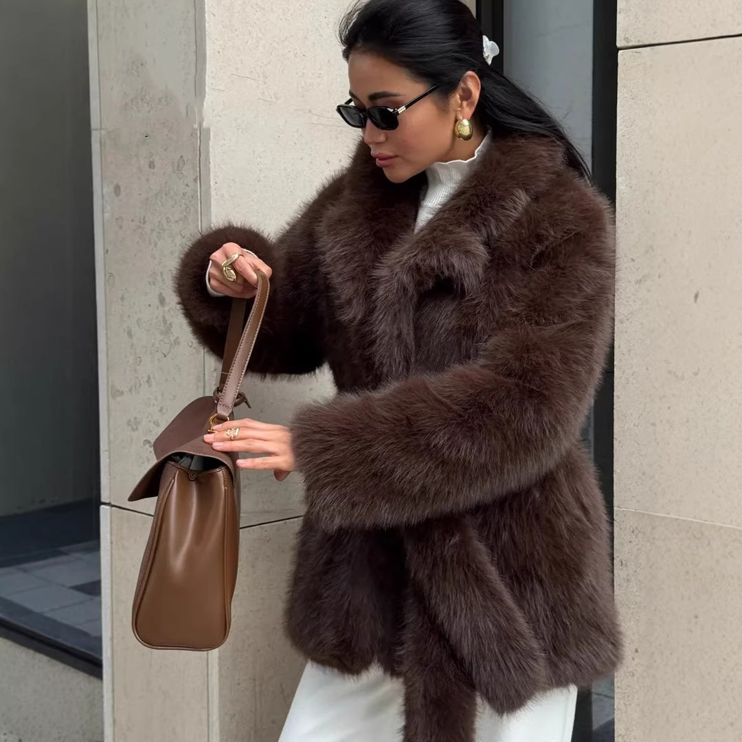 Women Boxy Short Coat made of extra fluffy high pile with wrap belt Amarae