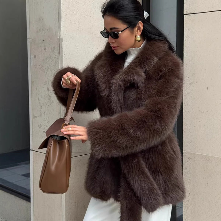 Women Boxy Short Coat made of extra fluffy high pile with wrap belt Amarae