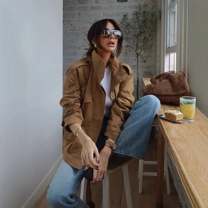 Ladies Lightweight Cotton Field Coat with Stand-up Collar, Shoulder Straps & Applied Flap Pockets Amarae