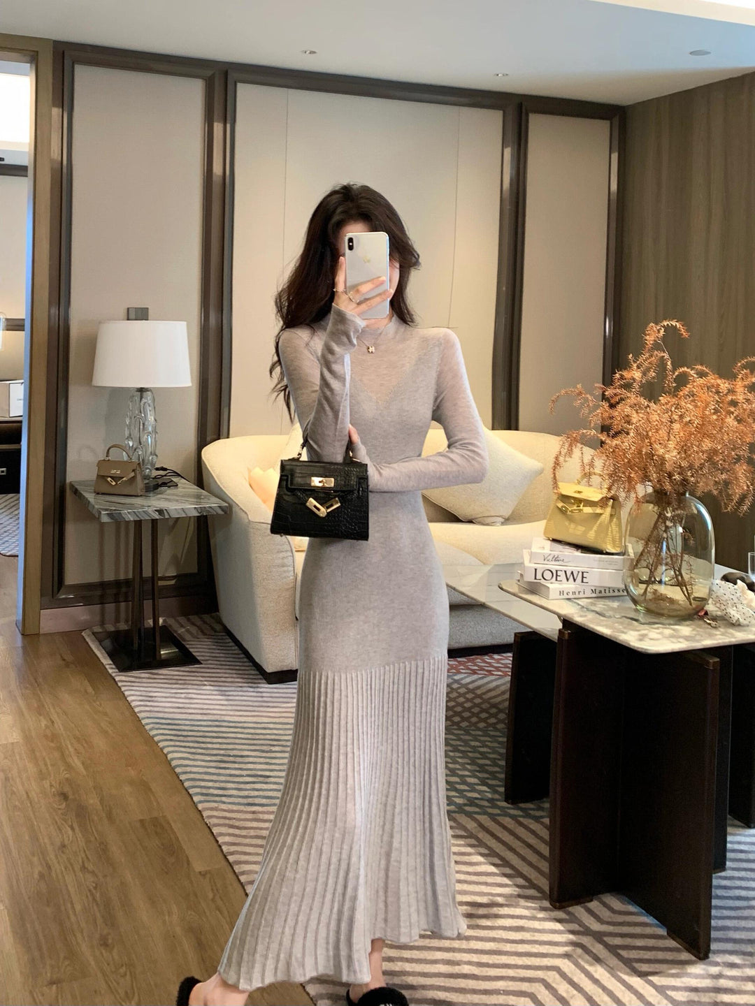 Maxi knit dress for women with a fine ribbed design and modern sleeve accents Lune London