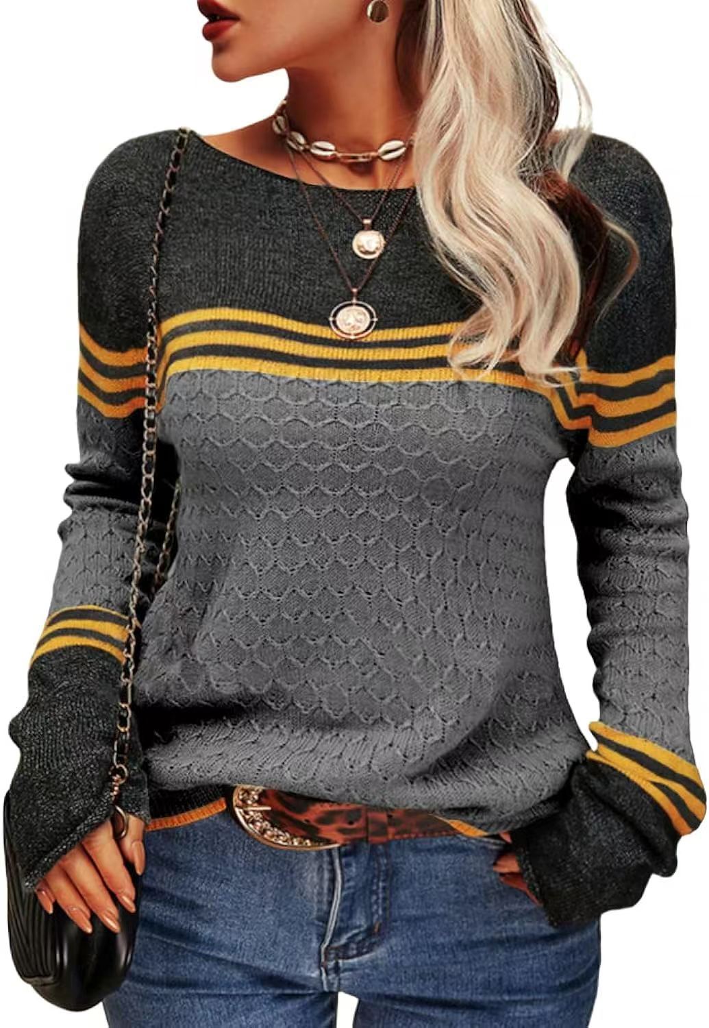 Pull tricoté décontracté pour femmes avec des blocs de couleur contrastants et une texture unique Chic & Stil