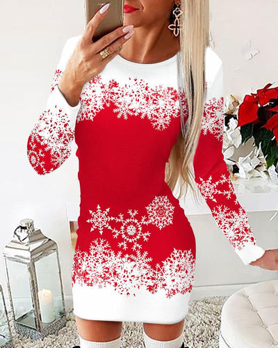 Ladies Festive Long-Sleeve Dress with Snowflake Motif Amarae