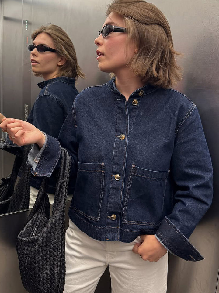 Women's Boxy Denim Jacket with Stand-up Collar, Patch Pockets and Roll-up Cuffs Amarae