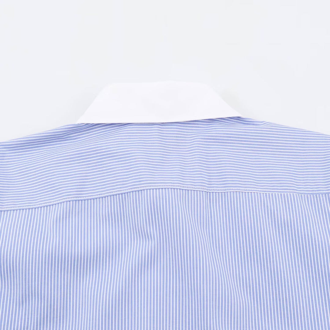 Women's Striped Oversize Blouse with Contrast Collar, Cuffs and Decorative Knot Closures Amarae