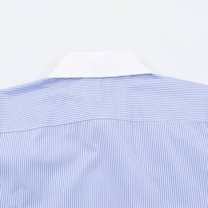 Women's Striped Oversize Blouse with Contrast Collar, Cuffs and Decorative Knot Closures Amarae