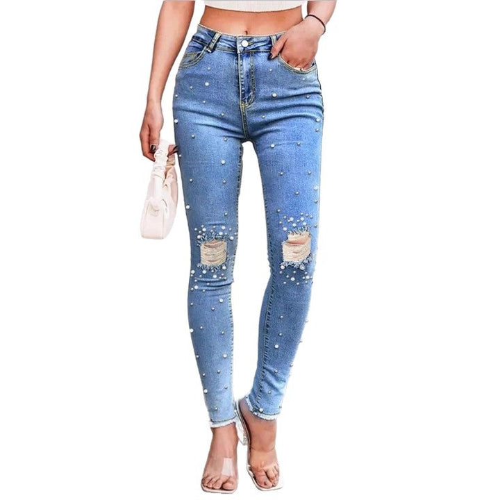 Women Pearl-Embellished High-Waist Skinny Jeans with Knee Rips and Raw Hem Amarae
