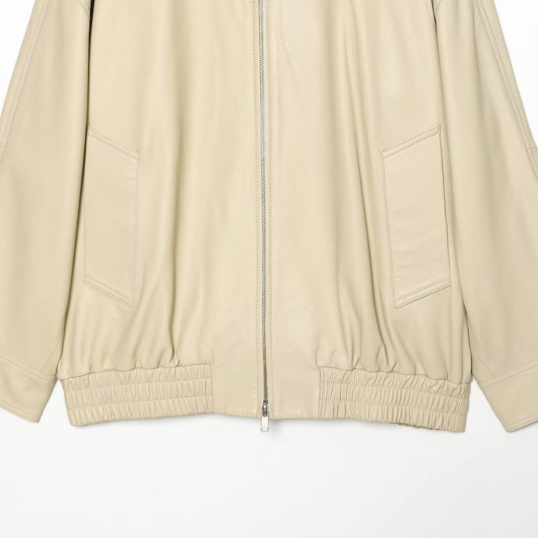 Women's loosely cut leather-look transitional jacket with stand-up collar, two-way zipper, and kangaroo pockets Amarae