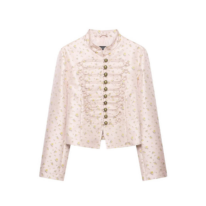 Women Cropped Satin Military Jacket with Stand-Up Collar and Decorative Frog Closure Amarae