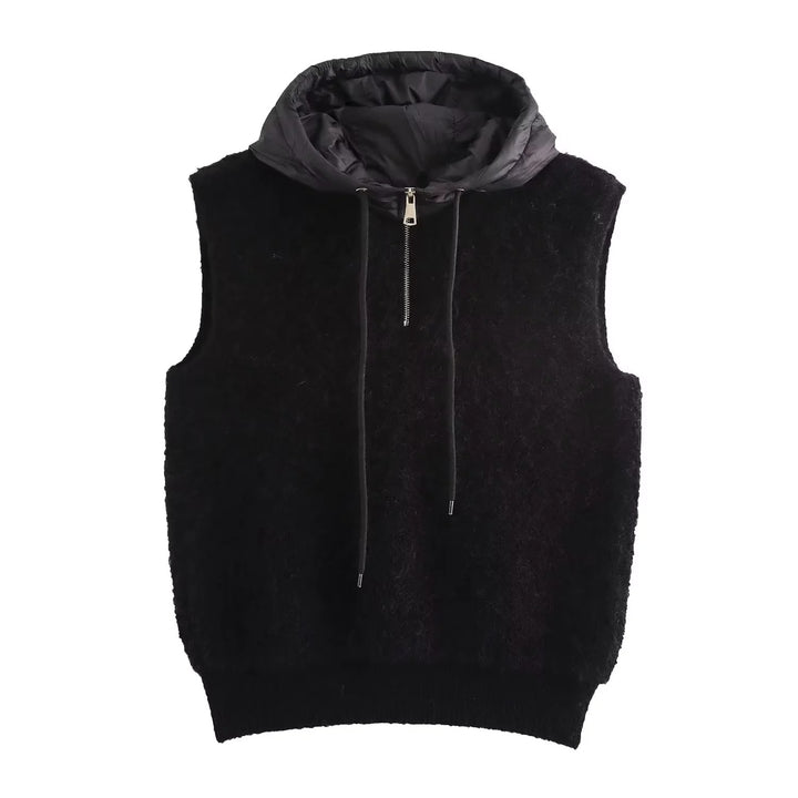 Women's sleeveless knitted vest with quilted hood and half zip Amarae