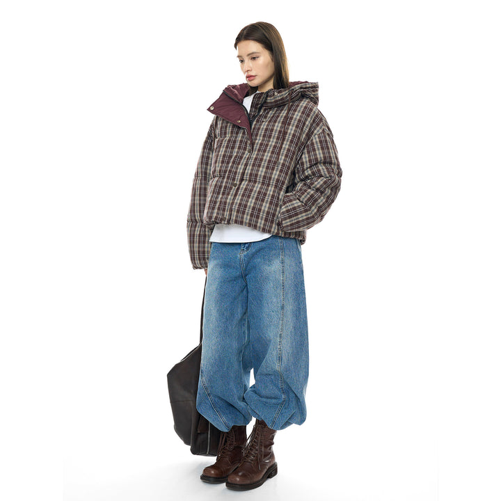 Women Short Checkered Quilted Jacket with Hoodie Amarae
