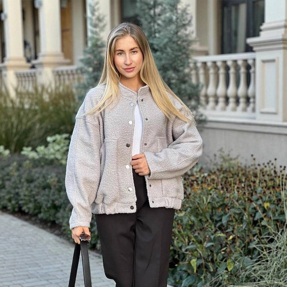 Women's teddy fleece bomber jacket in boxy cut with snap button closure and patch pockets Amarae