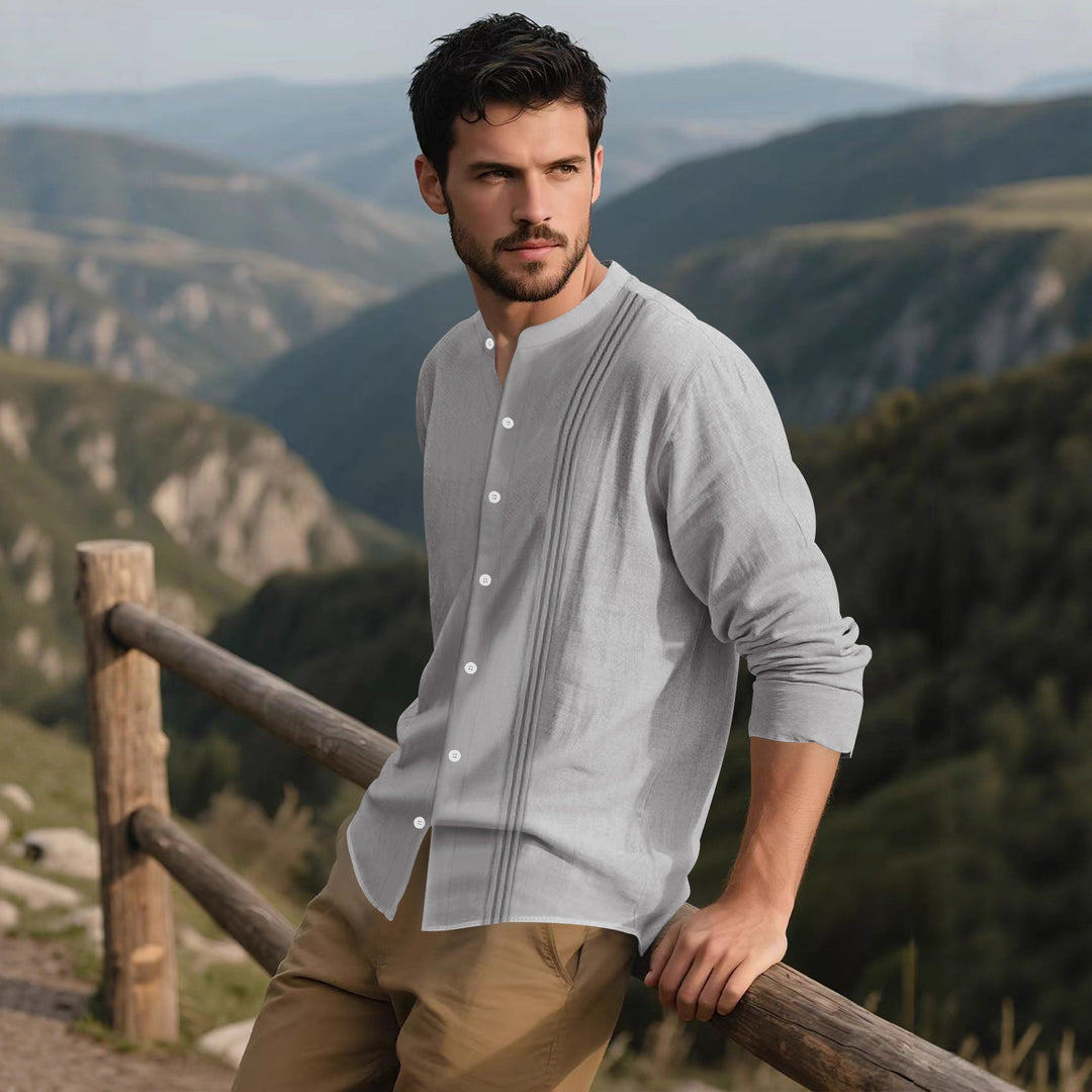 Trendy long-sleeve shirt for men with textured surface and innovative high collar Lune London