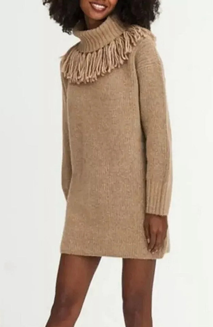 Knitted dress for women with decorative fringe trim and high turtleneck Lune Londonl