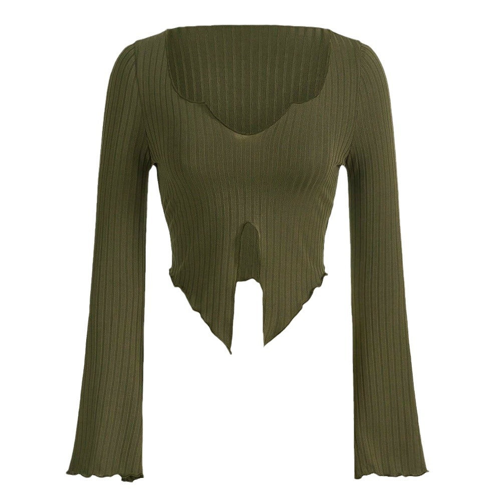 Chemise pour femme à manches longues cropped avec ourlet asymétrique et détails de volants à la mode Chic & Stil