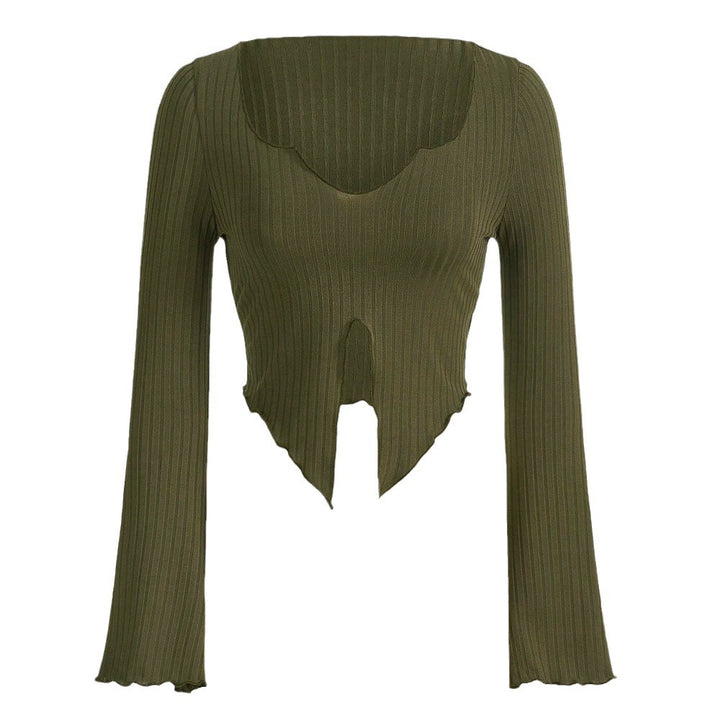 Chemise pour femme à manches longues cropped avec ourlet asymétrique et détails de volants à la mode Chic & Stil