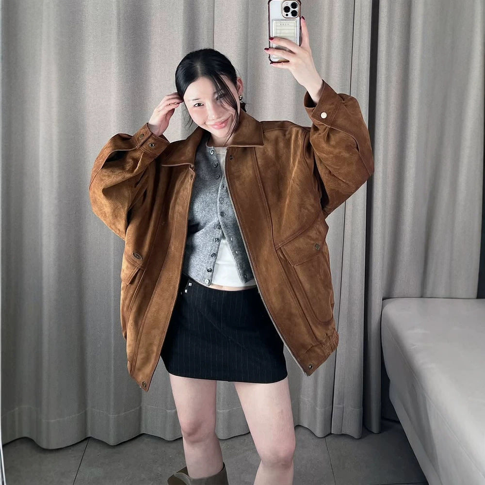 Ladies Oversize Suede Bomber Jacket with Elastic Hem Amarae