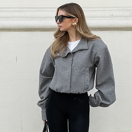 Stylish wool jacket for women with a high collar and balloon sleeves Lune London