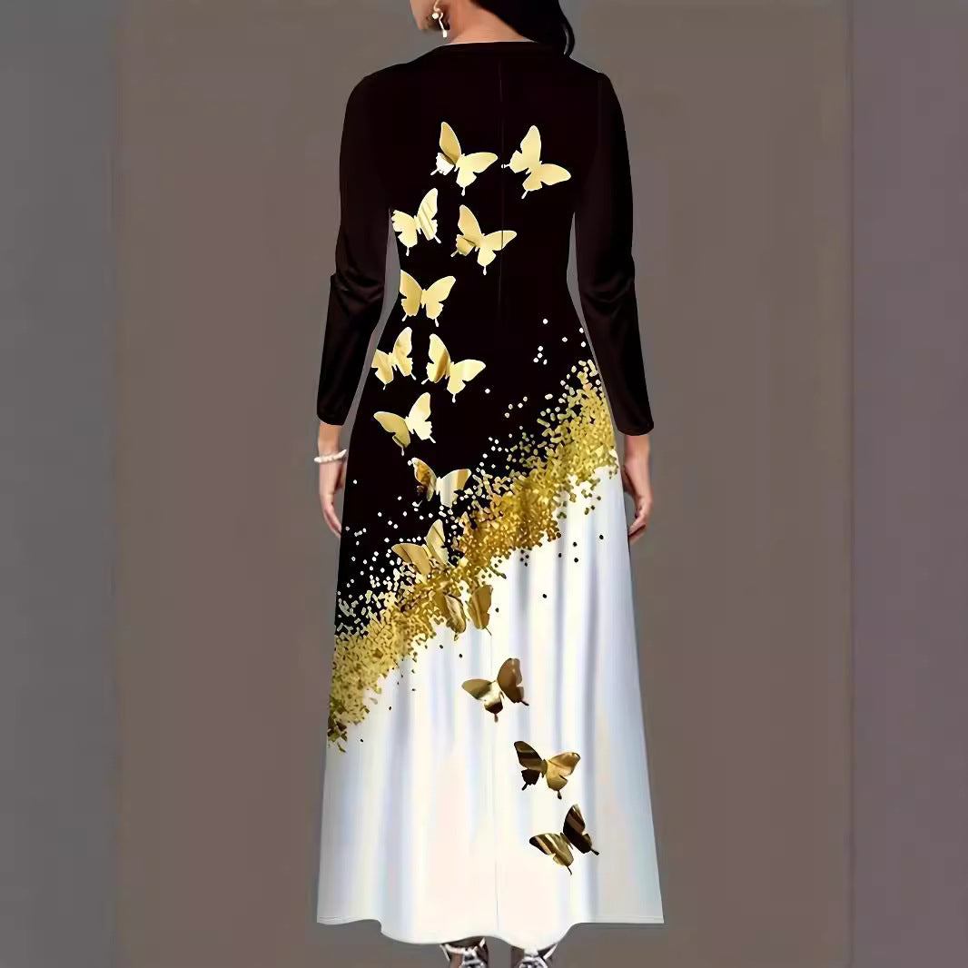 Maxi dress for women with an elegant butterfly pattern and a sparkling gold accent Lune London