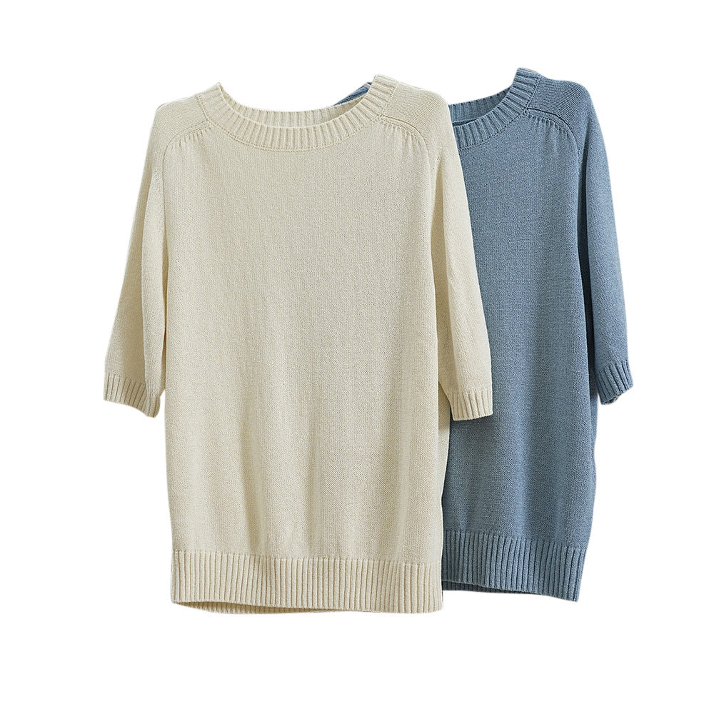 Women's Lightweight Fine Knit Sweater with Round Neck and Three Quarter Sleeves Amarae