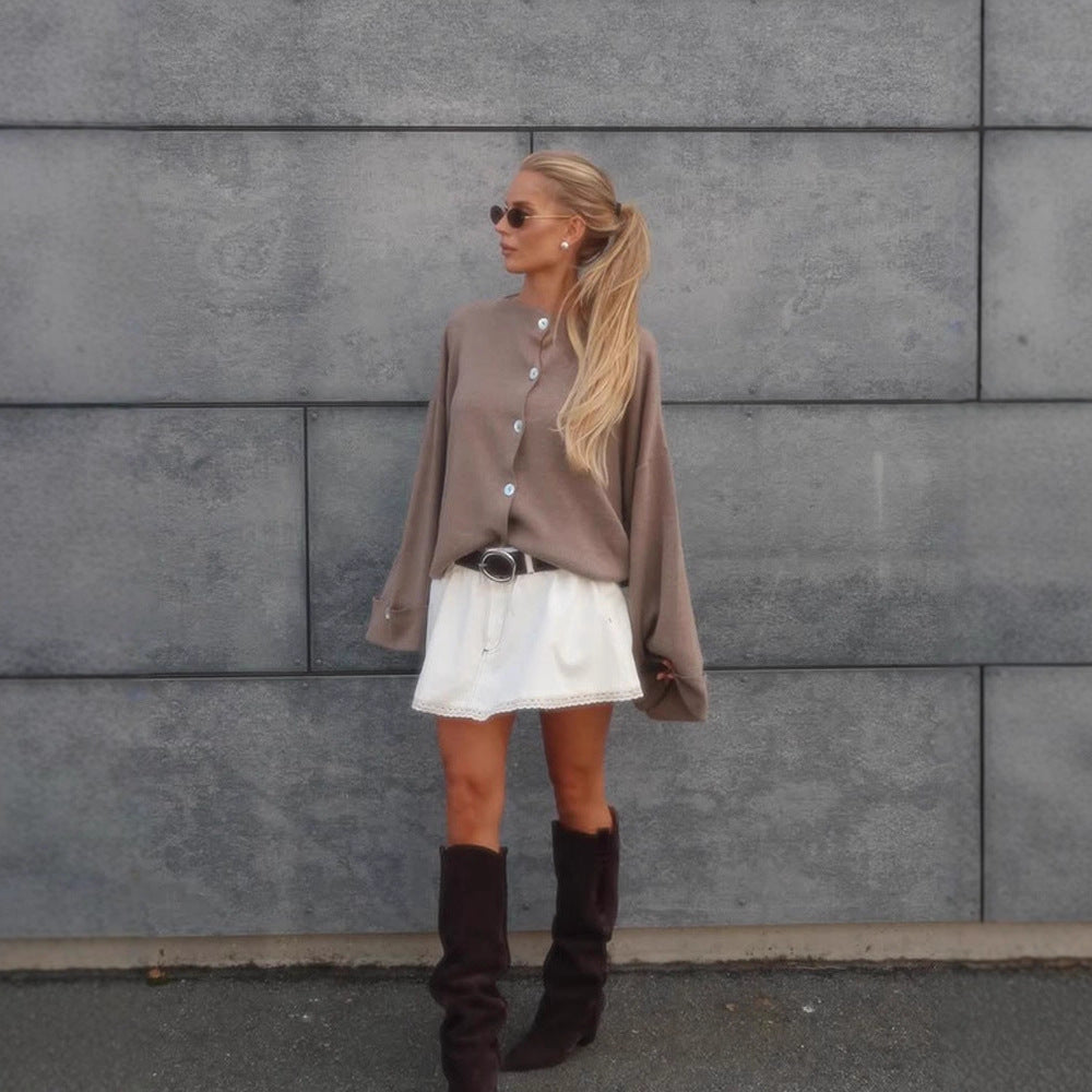 Women's Oversized Cropped Jacket with Wide Trumpet Sleeves and Button Cuffs Amarae