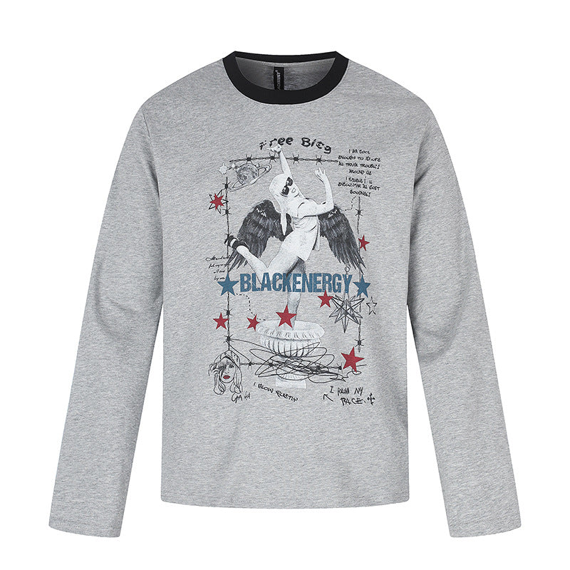 Women's long-sleeve shirt with vintage illustration, contrast collar and relaxed fit Amarae