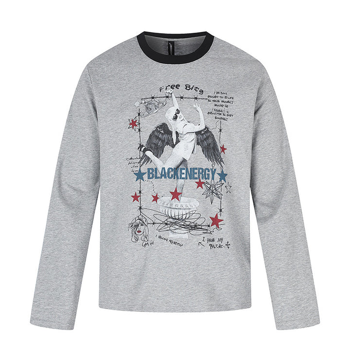 Women's long-sleeve shirt with vintage illustration, contrast collar and relaxed fit Amarae