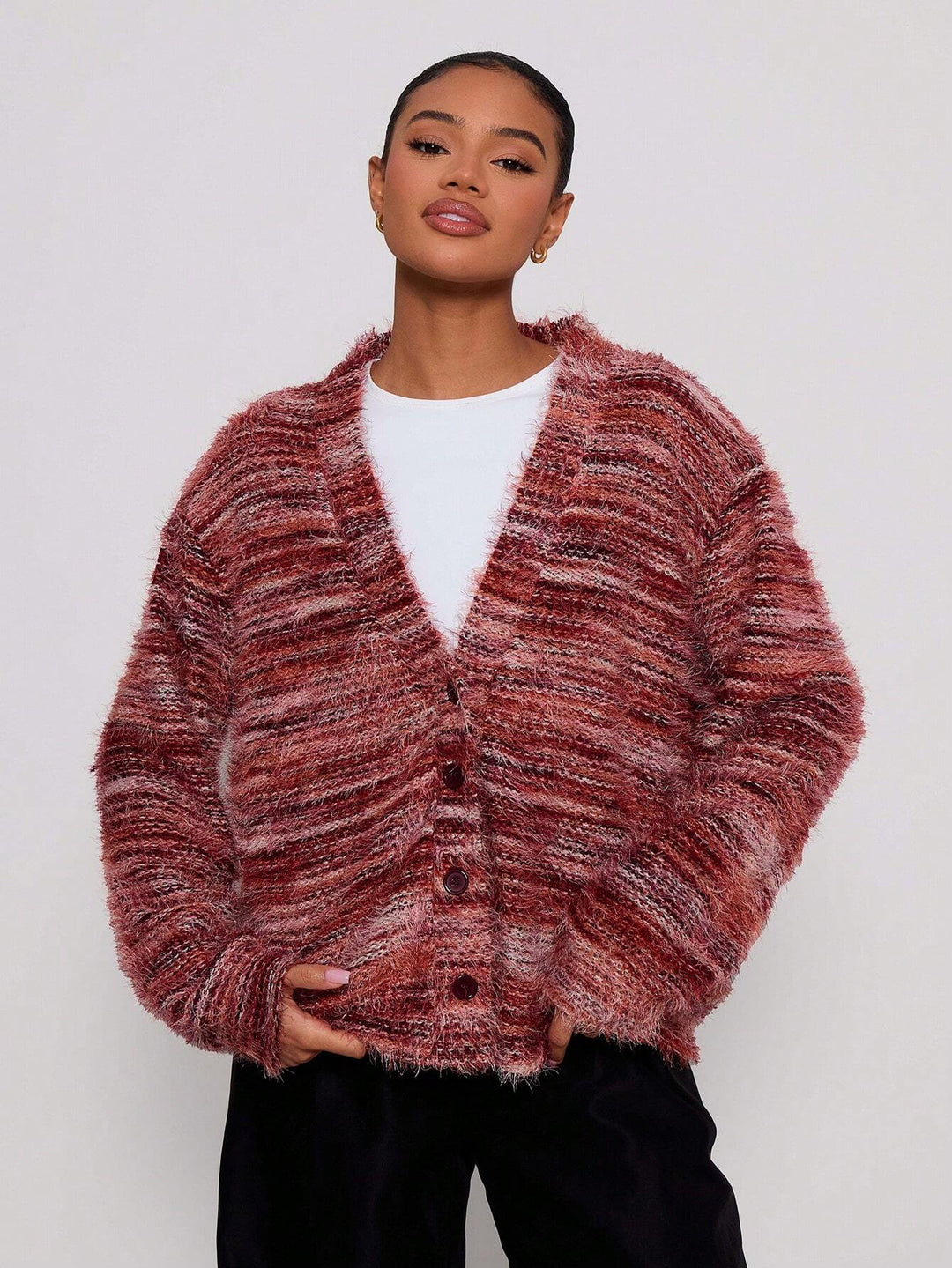 Women's Fluffy Chunky Knit Cardigan with V-Neck Amarae