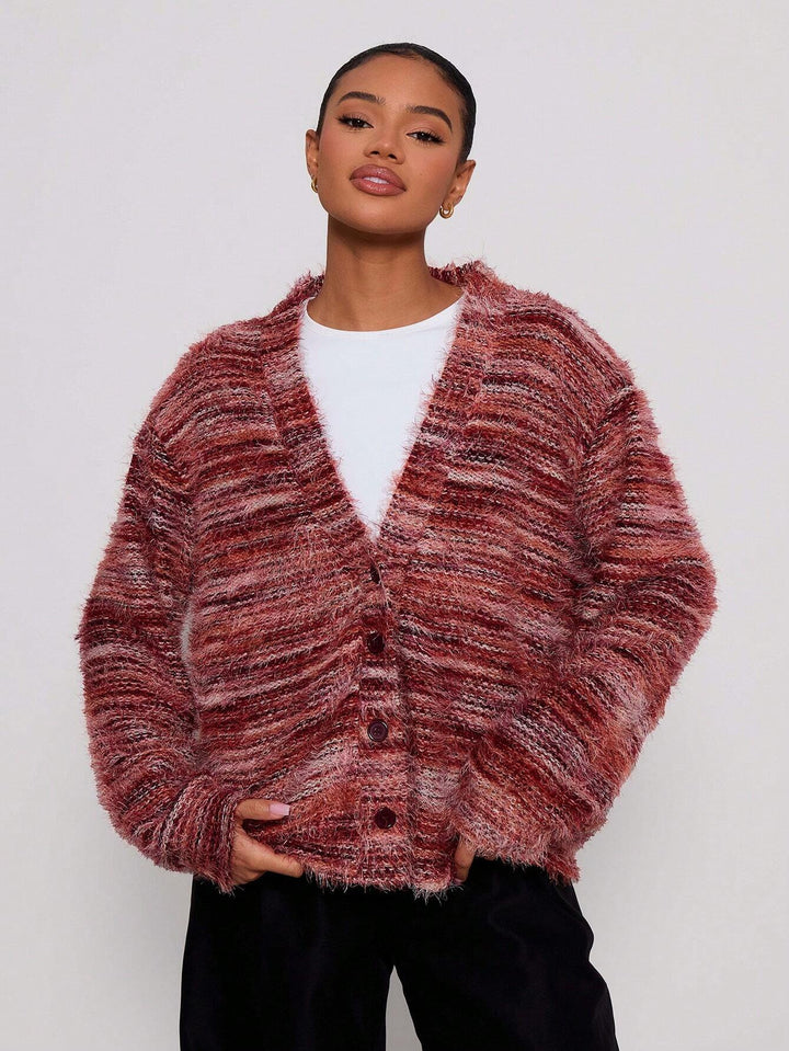 Women's Fluffy Chunky Knit Cardigan with V-Neck Amarae