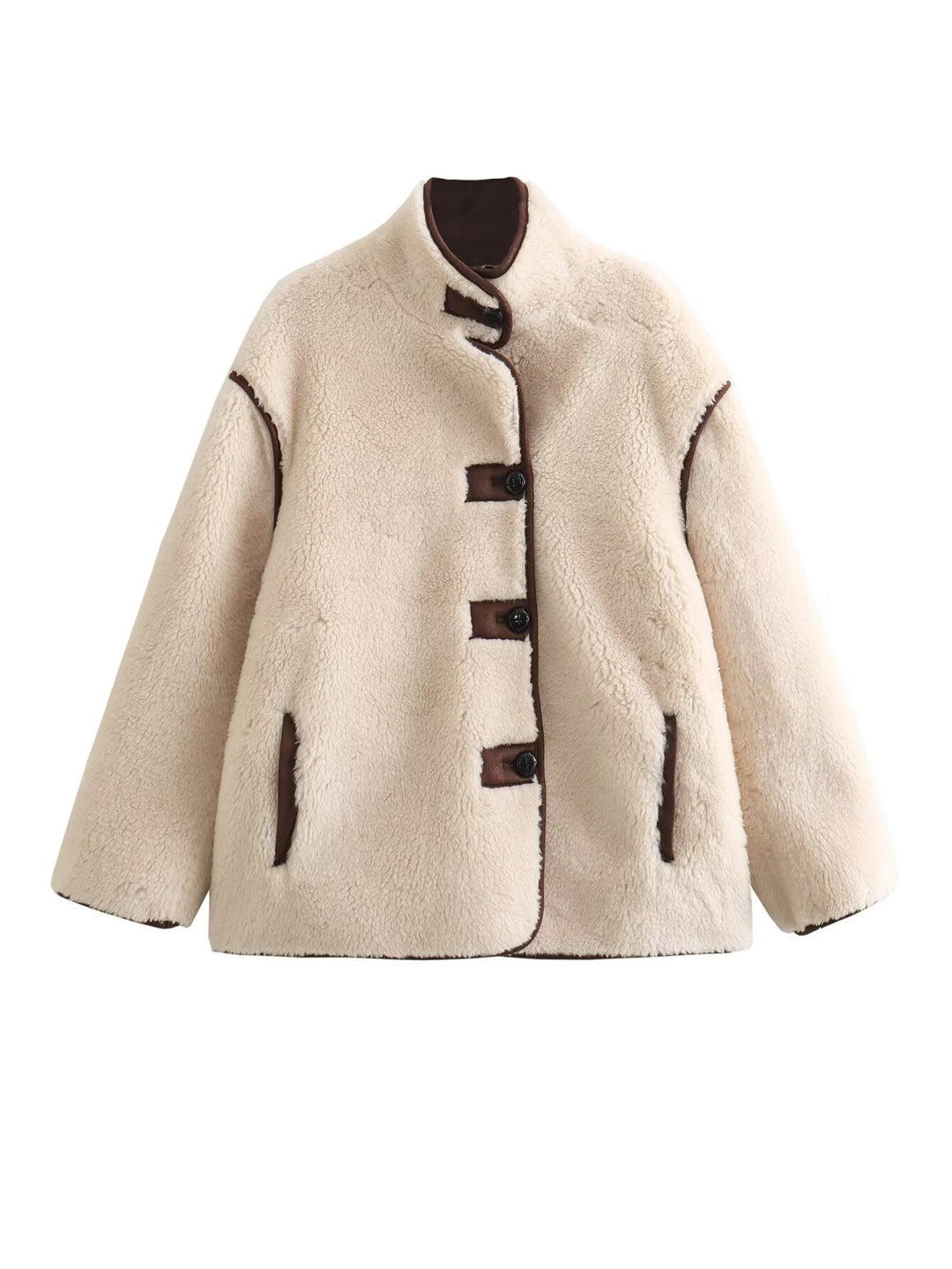 Faux fur jacket for women with a stylish high collar and practical pockets Lune London