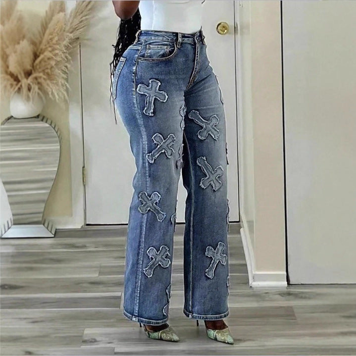 Women High-Waisted Straight-Leg Jeans with Fringed Cross Applications Amarae