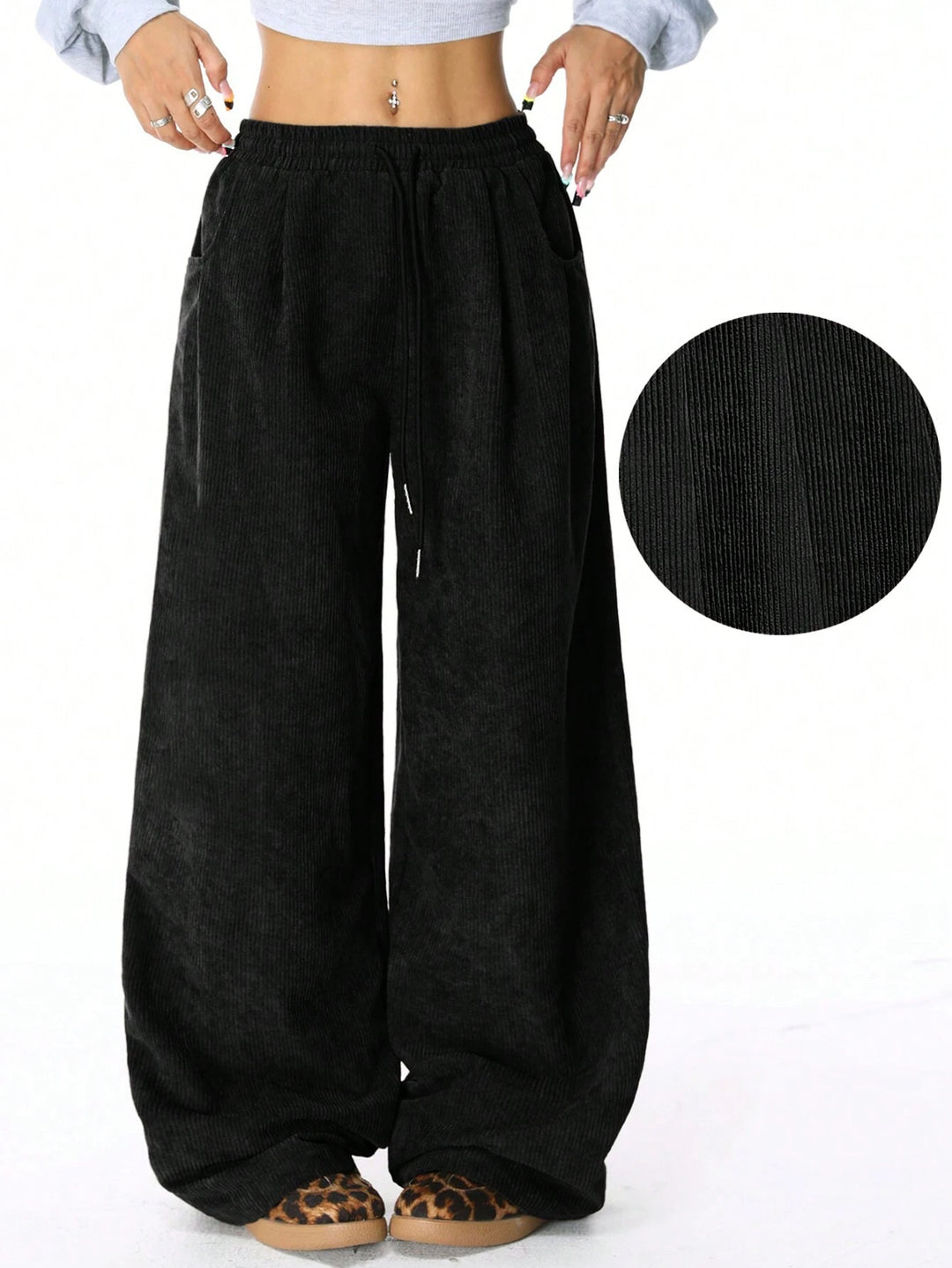 Women's Loose Cord Pants with Elastic Waistband, Drawstring, and Side Pockets Amarae