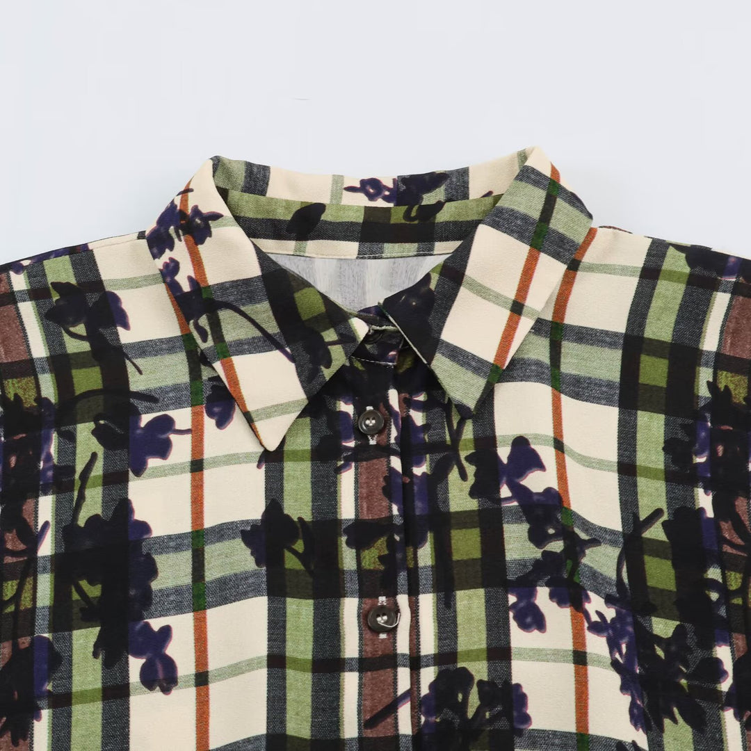 Women's shirt dress with checkered pattern and floral print including a fitted belt Amarae