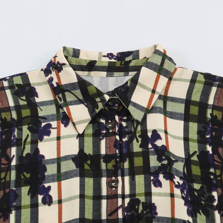 Women's shirt dress with checkered pattern and floral print including a fitted belt Amarae