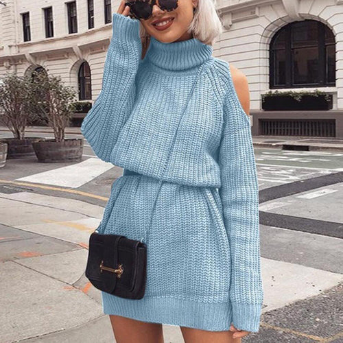 Long Sleeve Knit Dress for Women with High Neck and Chic Off-Shoulder Design