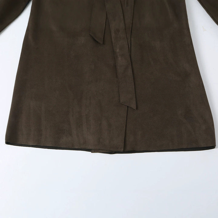 Women long cut trench coat made of suede look with tie belt Amarae