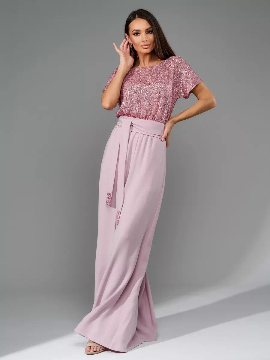 Women's Glittering Jumpsuit with Wide Leg and Waist Belt Lune London