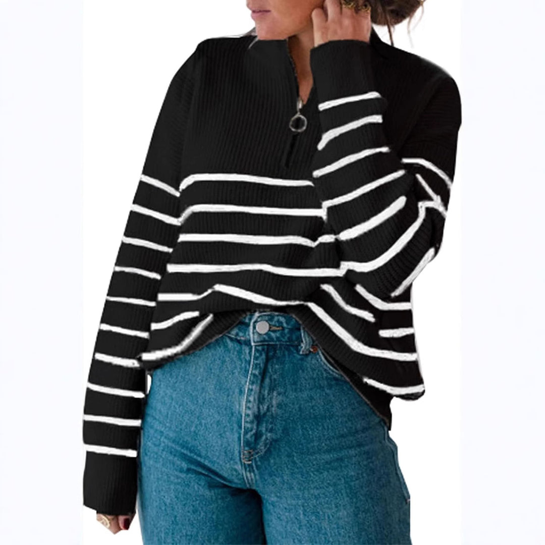 Striped women's sweater with half-zipper Lune London