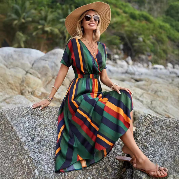 Striped maxi dress for women with high slit and knot at the waist Lune London